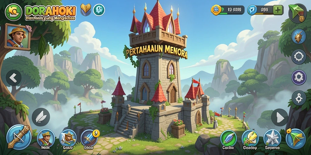 Tampilan gameplay DORAHOKI dengan menara yang siap menghadapi gelombang musuh.
