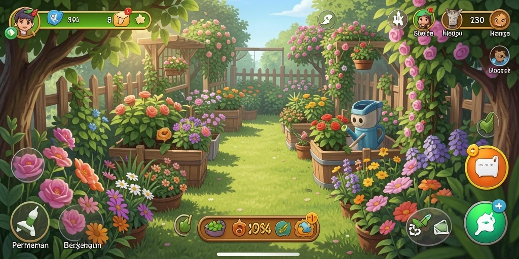 Screenshot gameplay K234 menampilkan kebun yang kaya dan aktivitas seru.