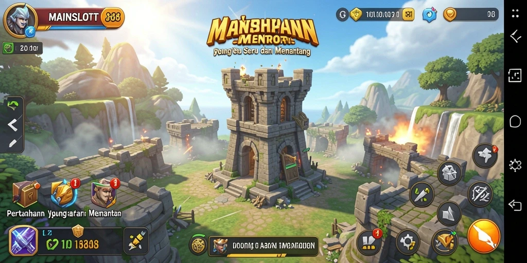 Tangkapan layar gameplay MAINSLOT88 menunjukkan strategi menara yang cermat dalam bertahan dari gelombang musuh.